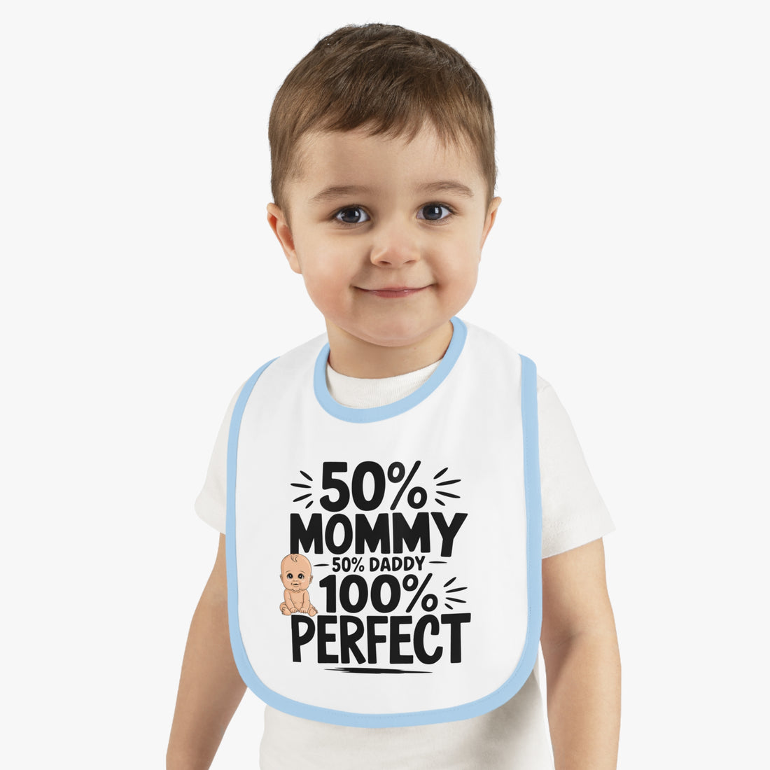 "50% mommy 50% daddy 100% perfect" Baby Contrast Trim Jersey Bib