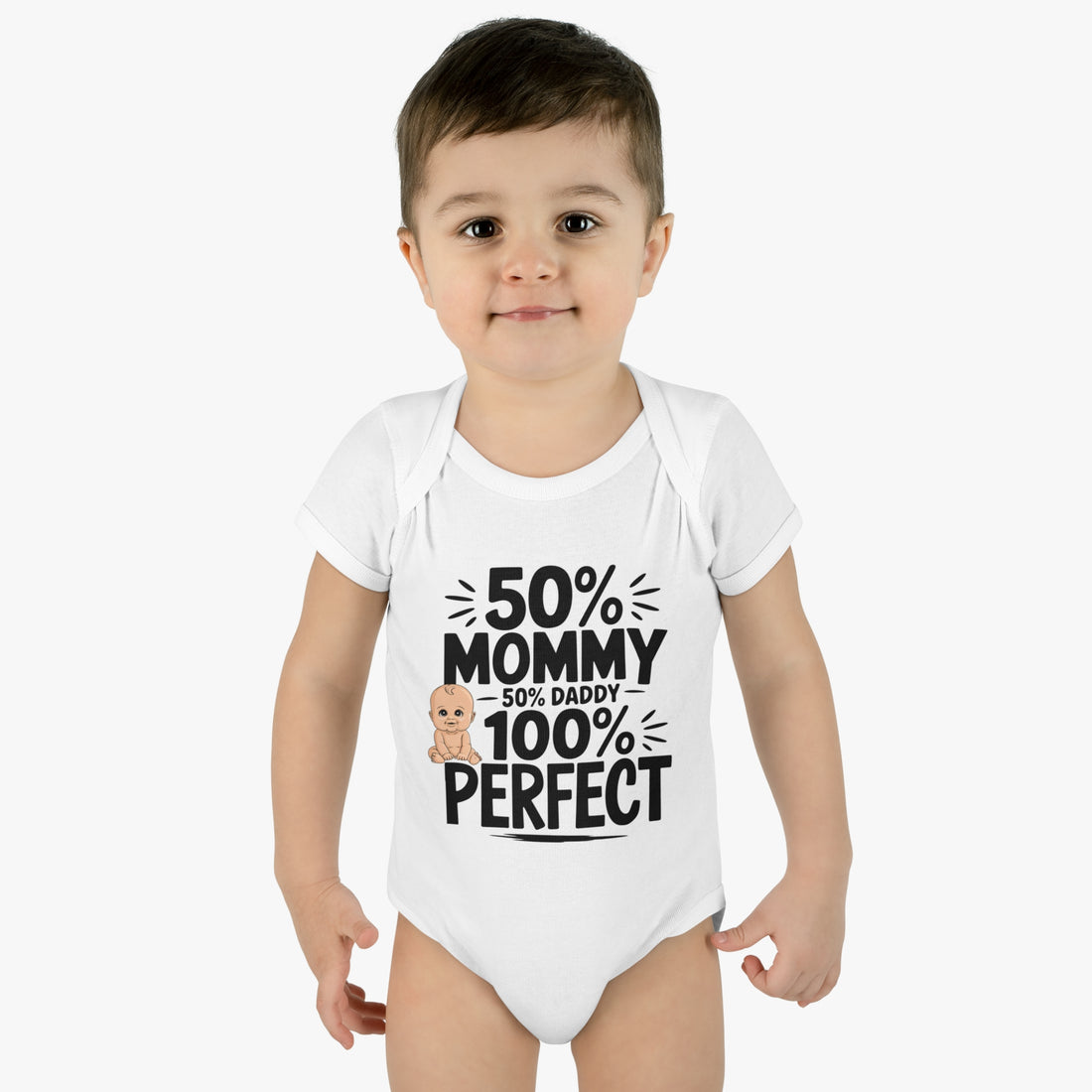 "50% mommy, 50% daddy, 100% perfect!" Infant Baby Rib Bodysuit