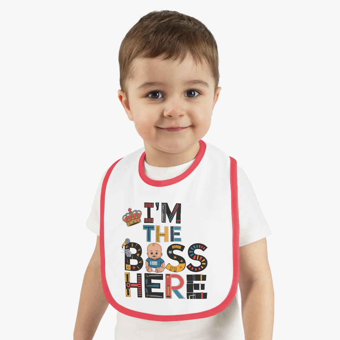 "I'm the boss here" Baby Contrast Trim Jersey Bib