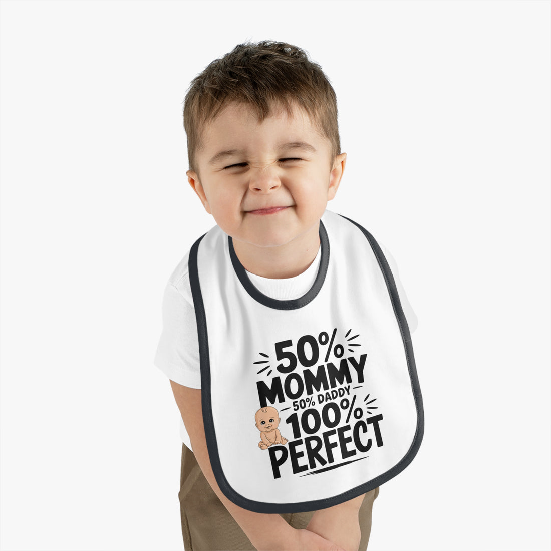 "50% mommy 50% daddy 100% perfect" Baby Contrast Trim Jersey Bib