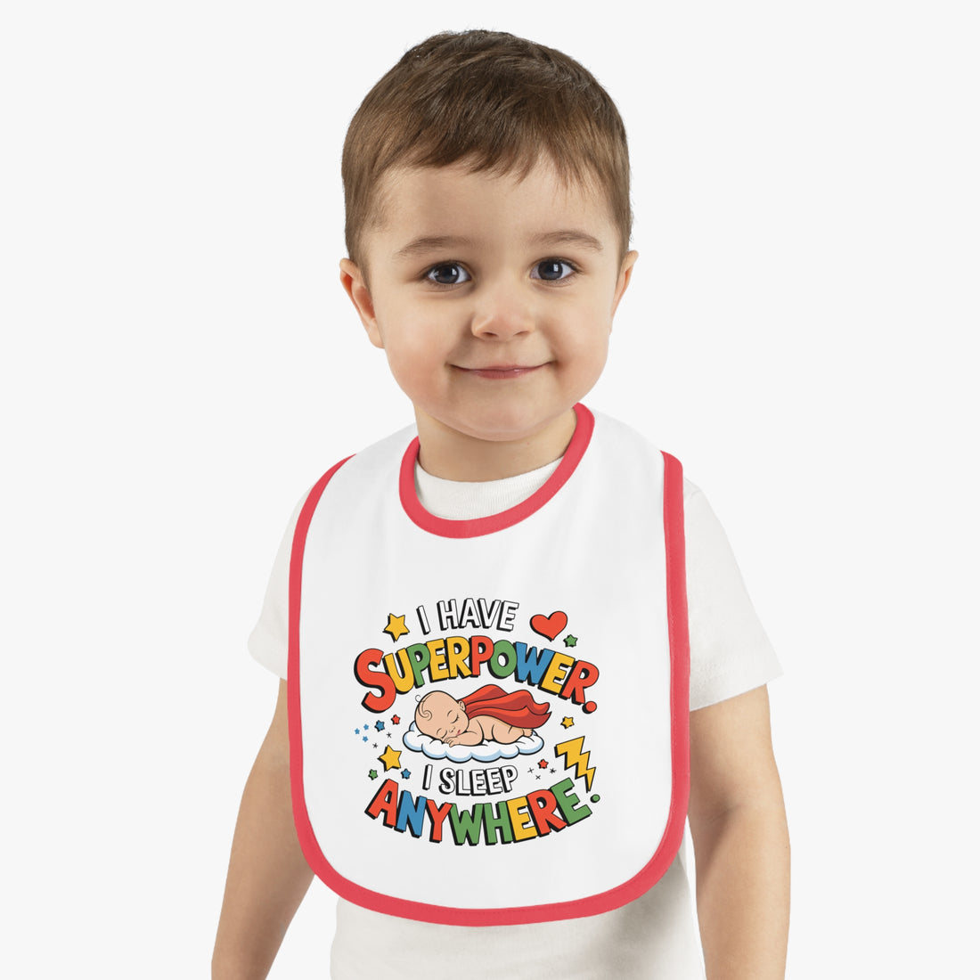 "I have superpower I sleep anywhere" Baby Contrast Trim Jersey Bib