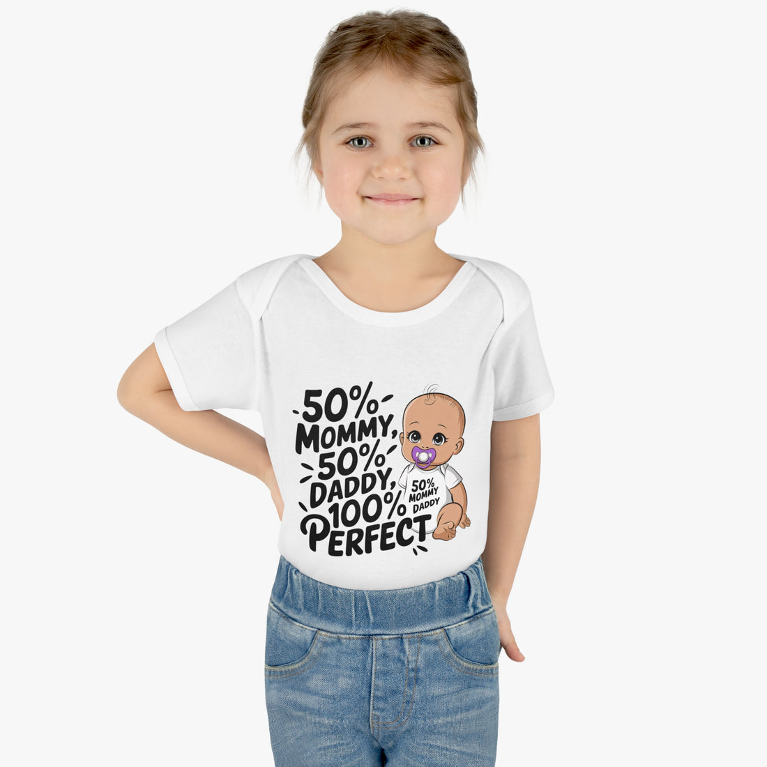 "50% mommy 50% daddy 100% perfect" Infant Baby Rib Bodysuit