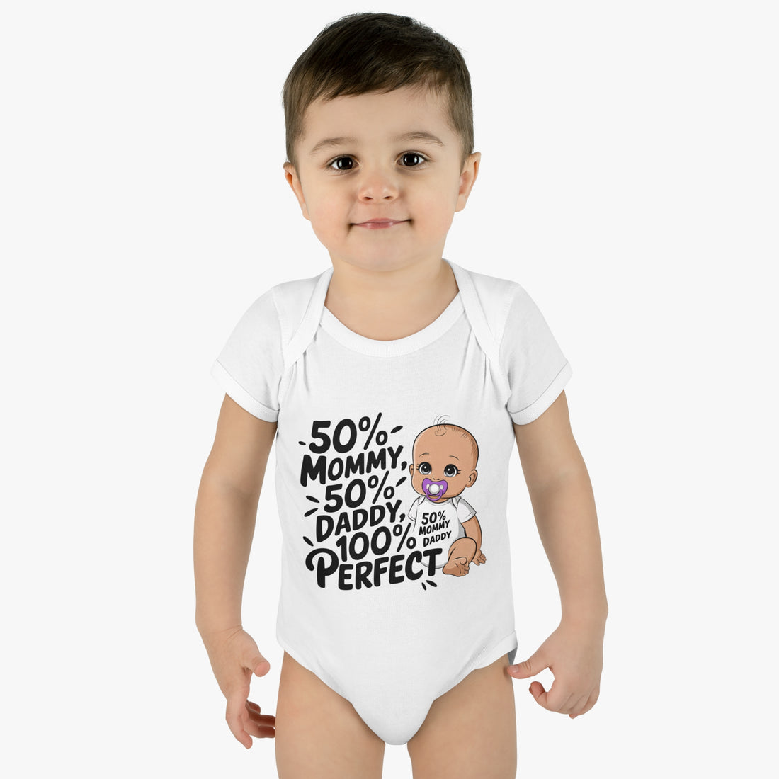 "50% mommy 50% daddy 100% perfect" Infant Baby Rib Bodysuit