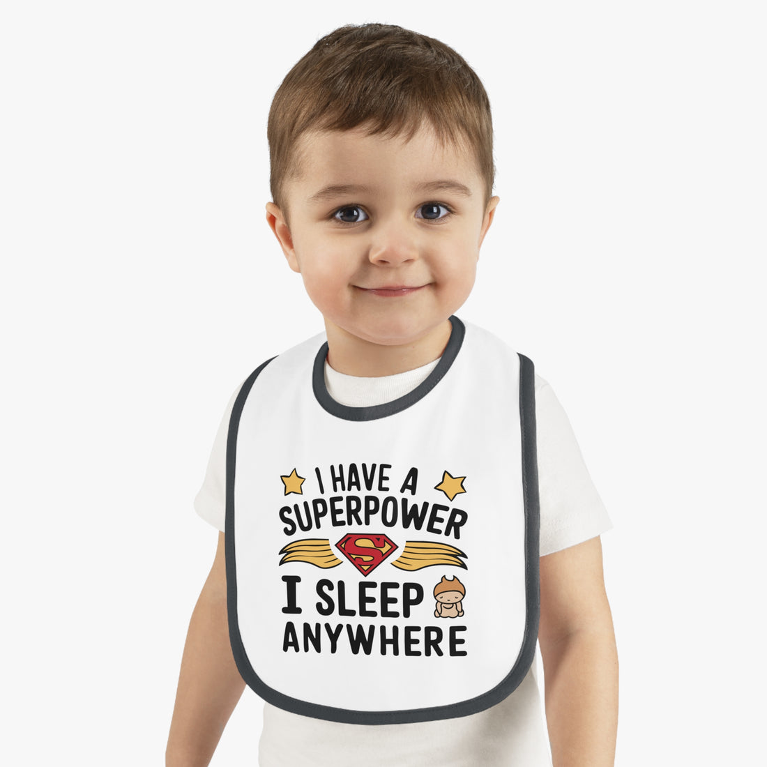 "I have superpower I sleep anywhere" Baby Contrast Trim Jersey Bib