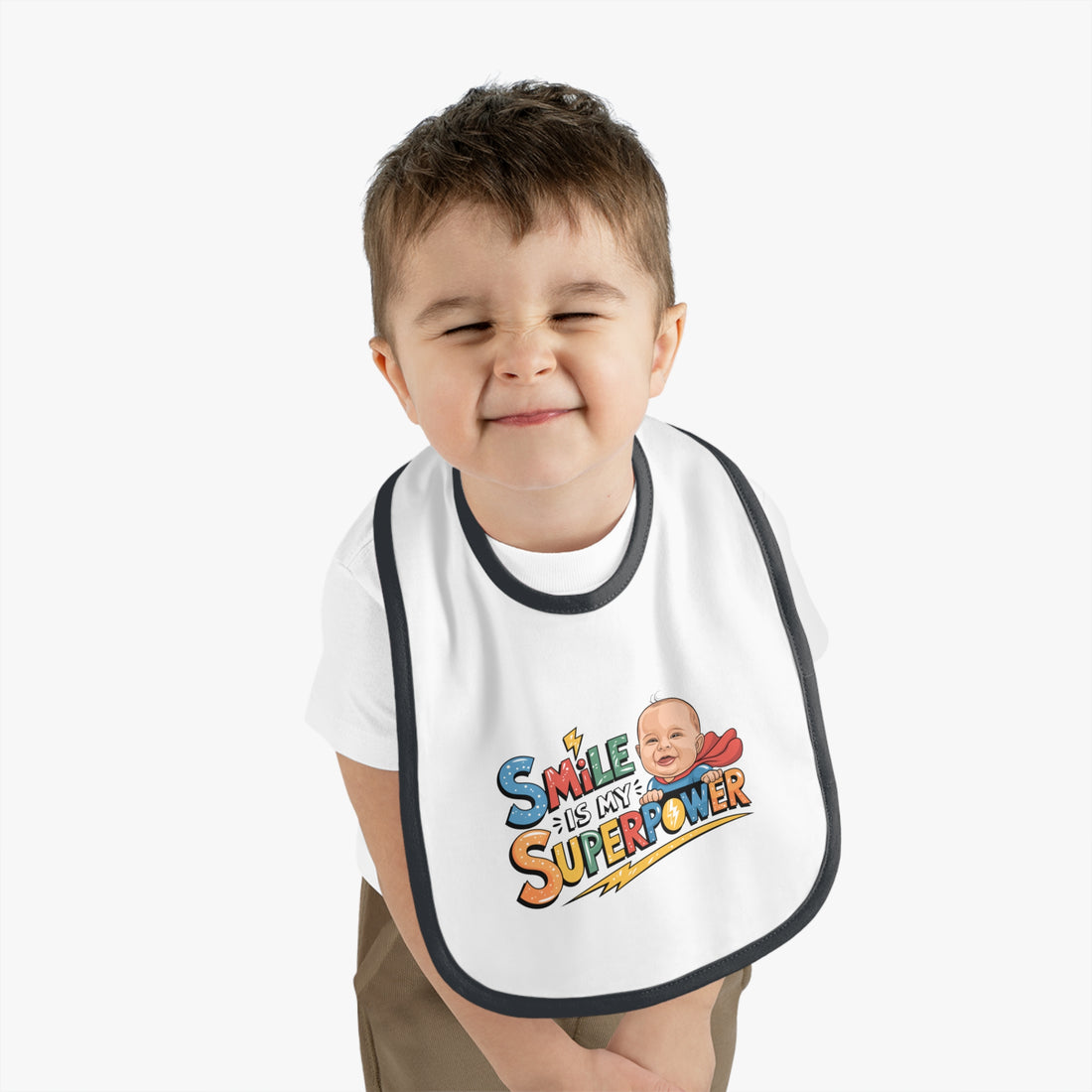 "Smile is my superpower" Baby Contrast Trim Jersey Bib