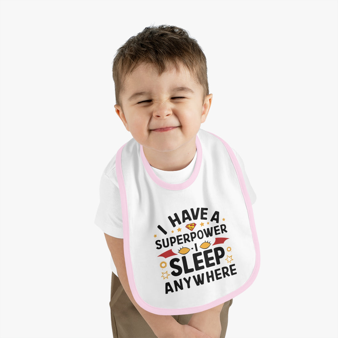 "I have a superpower I sleep anywhere" Baby Contrast Trim Jersey Bib