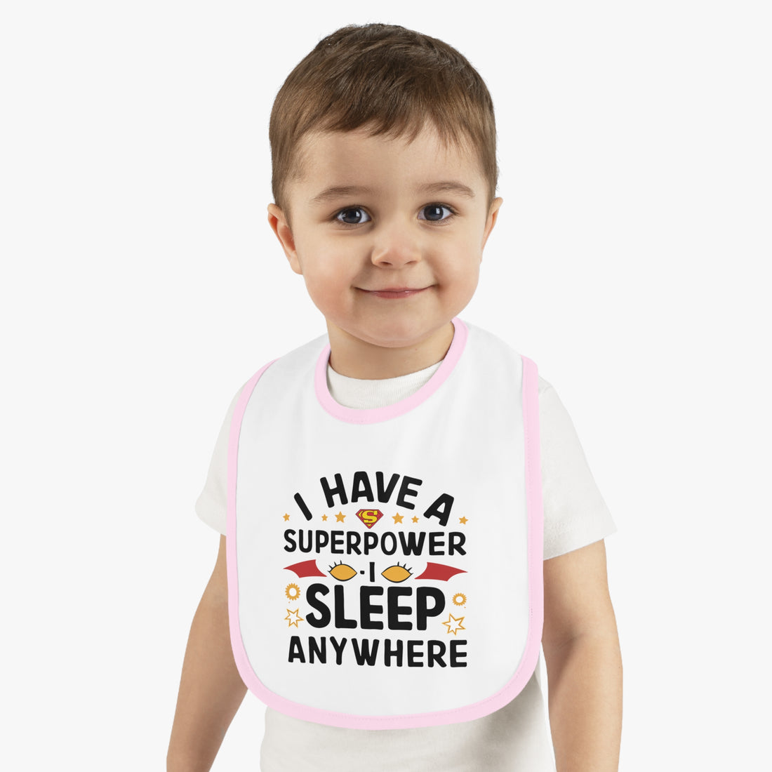 "I have a superpower I sleep anywhere" Baby Contrast Trim Jersey Bib