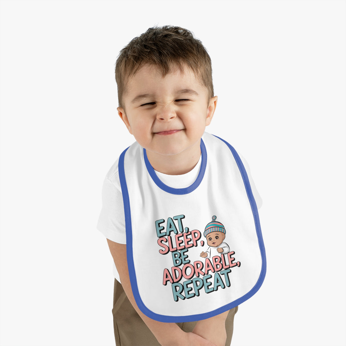 "Eat, sleep, be adorable, repeat" Baby Contrast Trim Jersey Bib