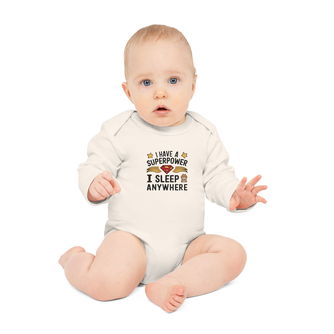 "I have a superpower I sleep anywhere" Baby Long-Sleeve Organic Bodysuit