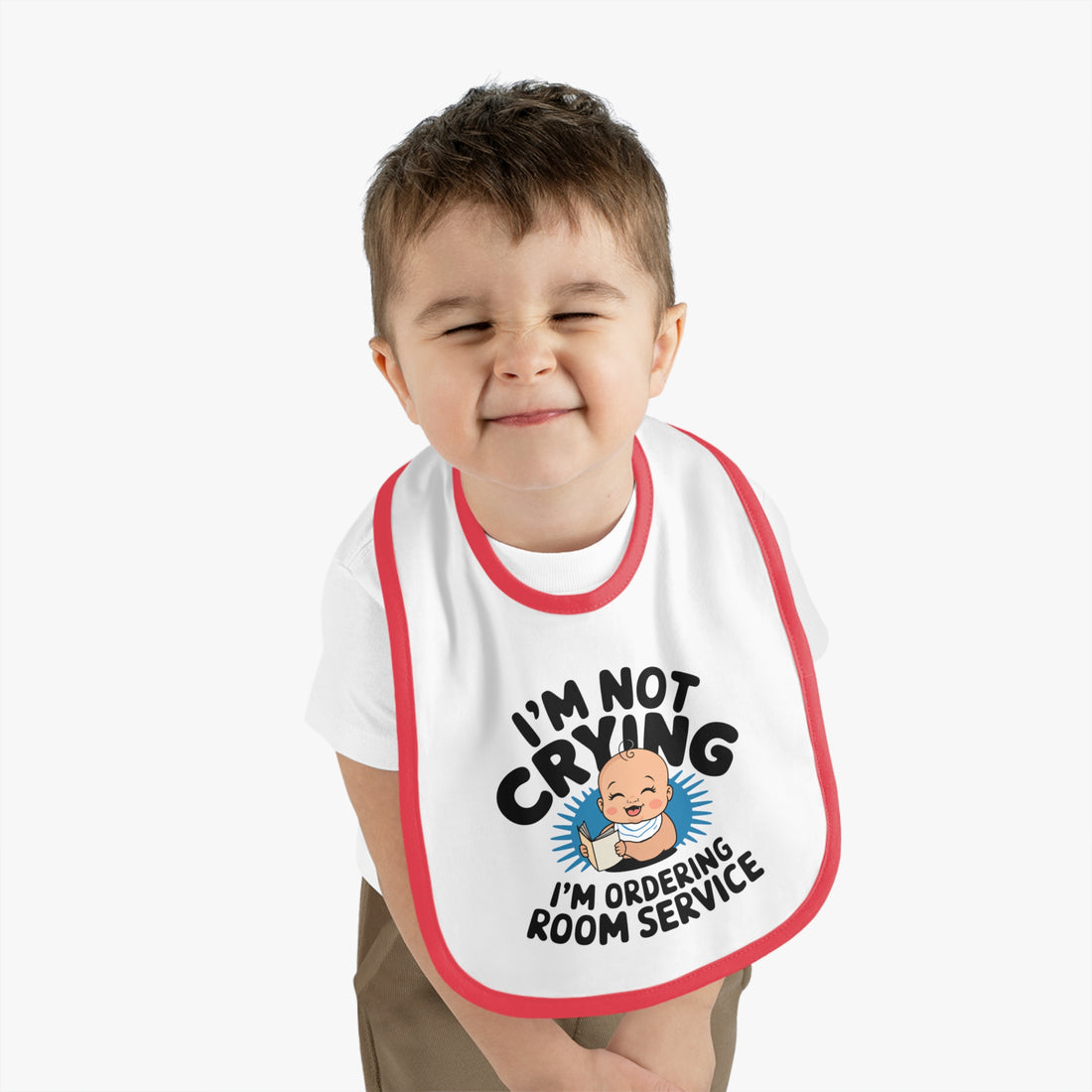 "I'm not crying I'm ordering room service" Baby Contrast Trim Jersey Bib