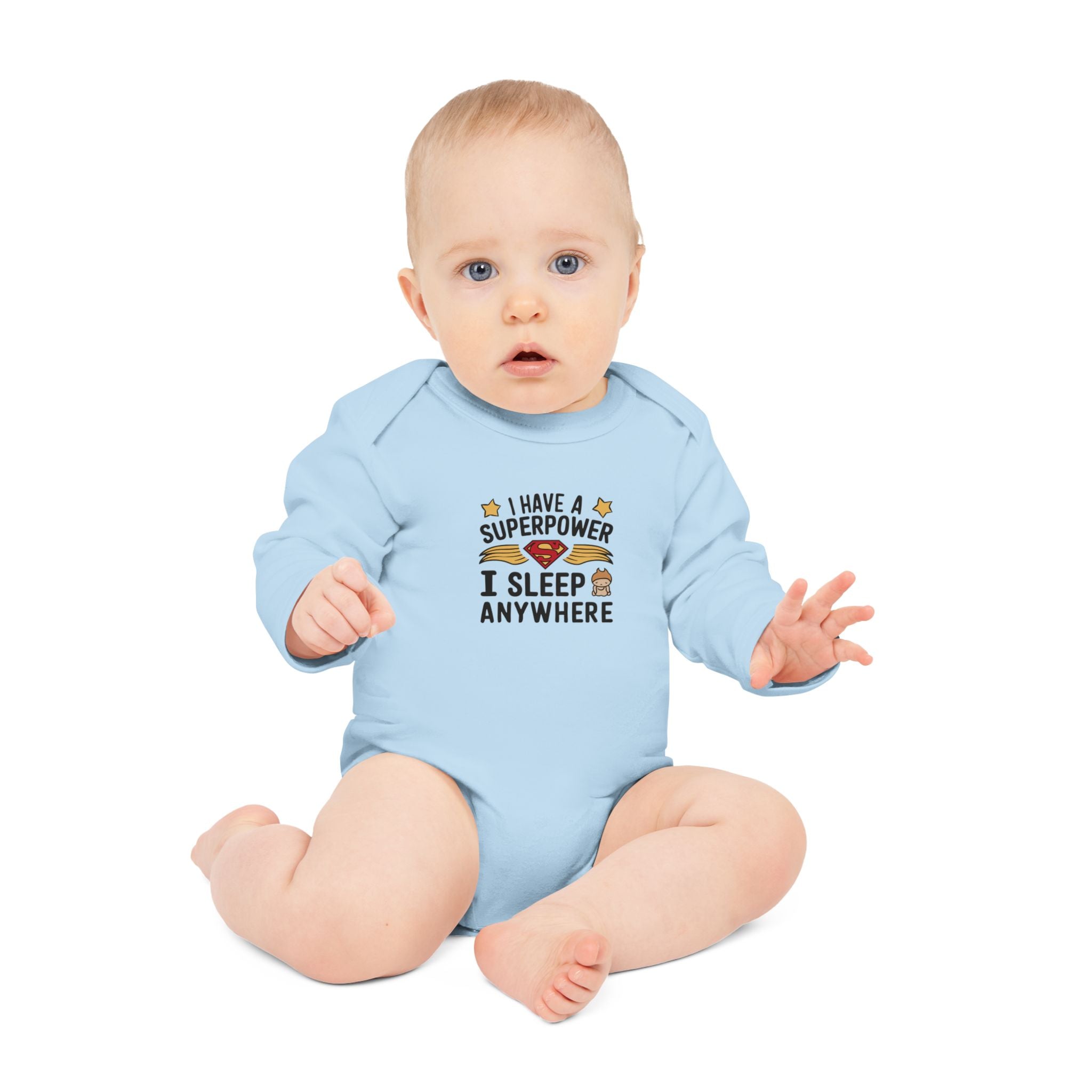 "I have a superpower I sleep anywhere" Baby Long-Sleeve Organic Bodysuit