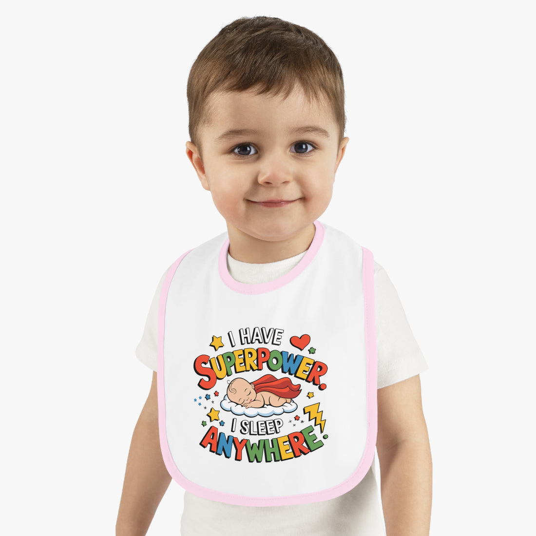 "I have superpower I sleep anywhere" Baby Contrast Trim Jersey Bib