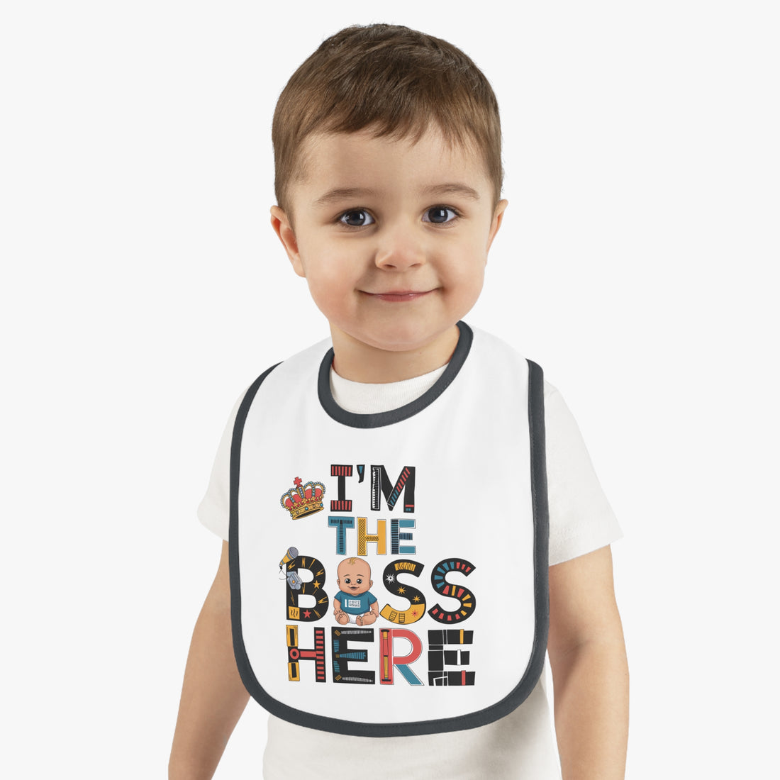 "I'm the boss here" Baby Contrast Trim Jersey Bib