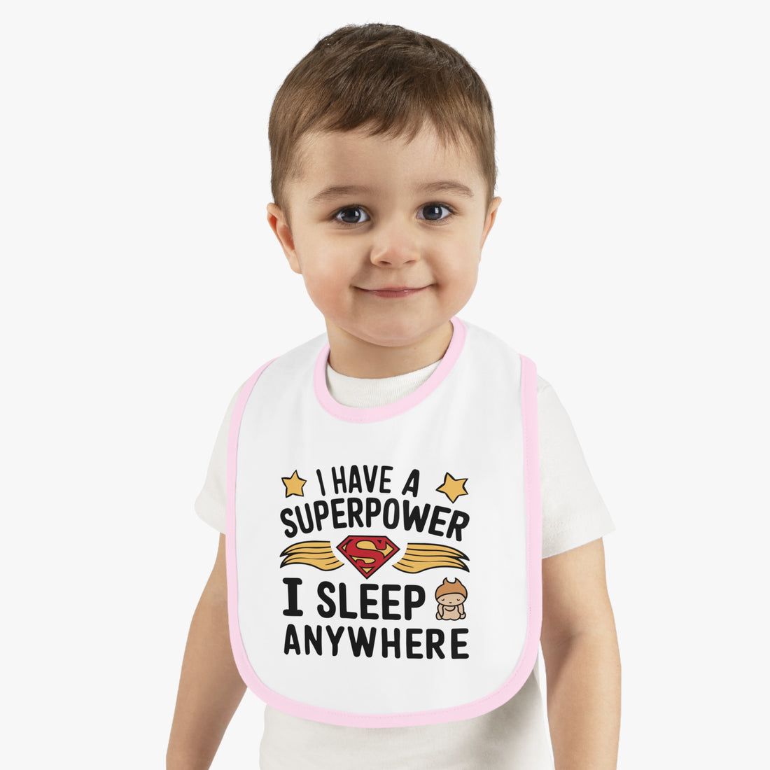 "I have superpower I sleep anywhere" Baby Contrast Trim Jersey Bib