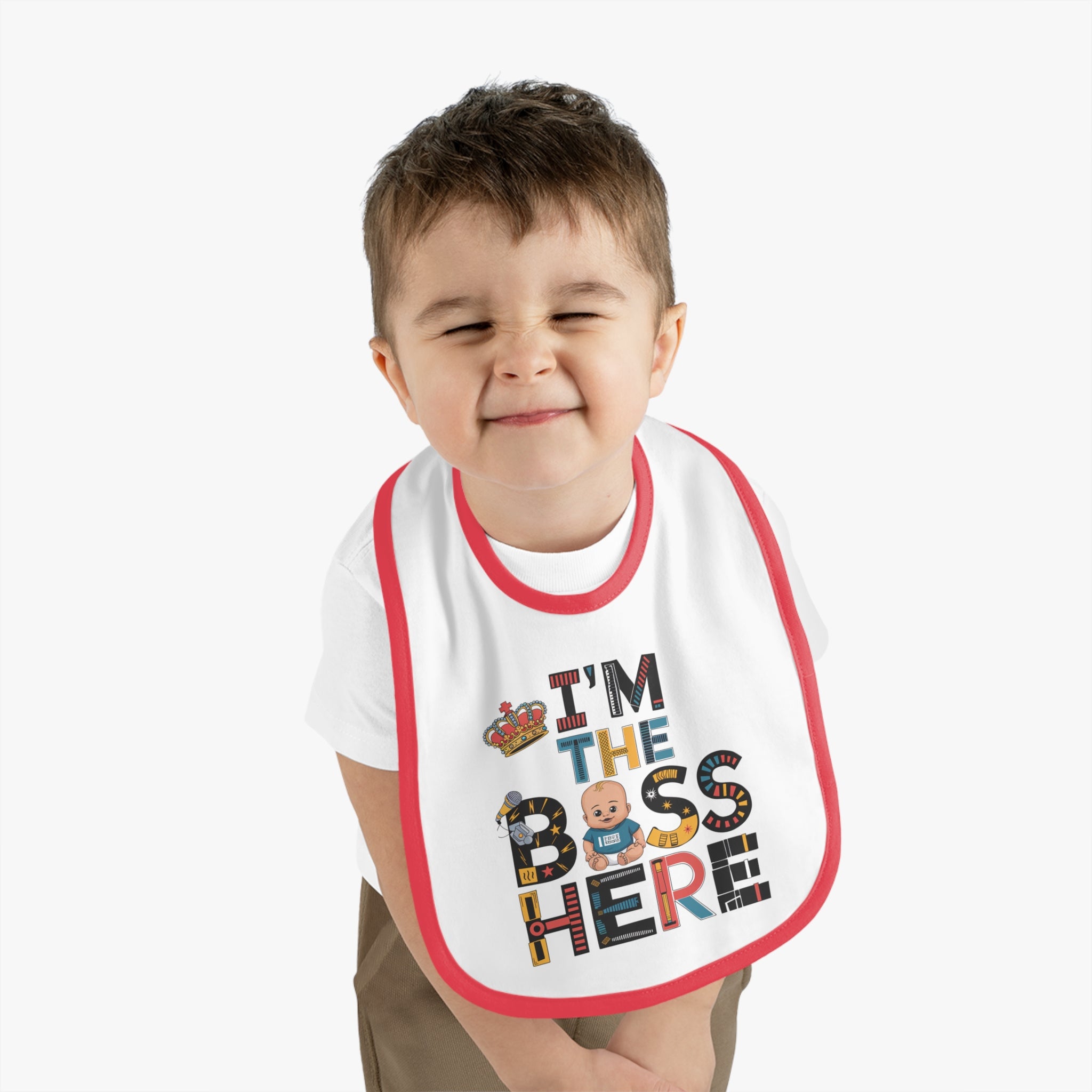 "I'm the boss here" Baby Contrast Trim Jersey Bib