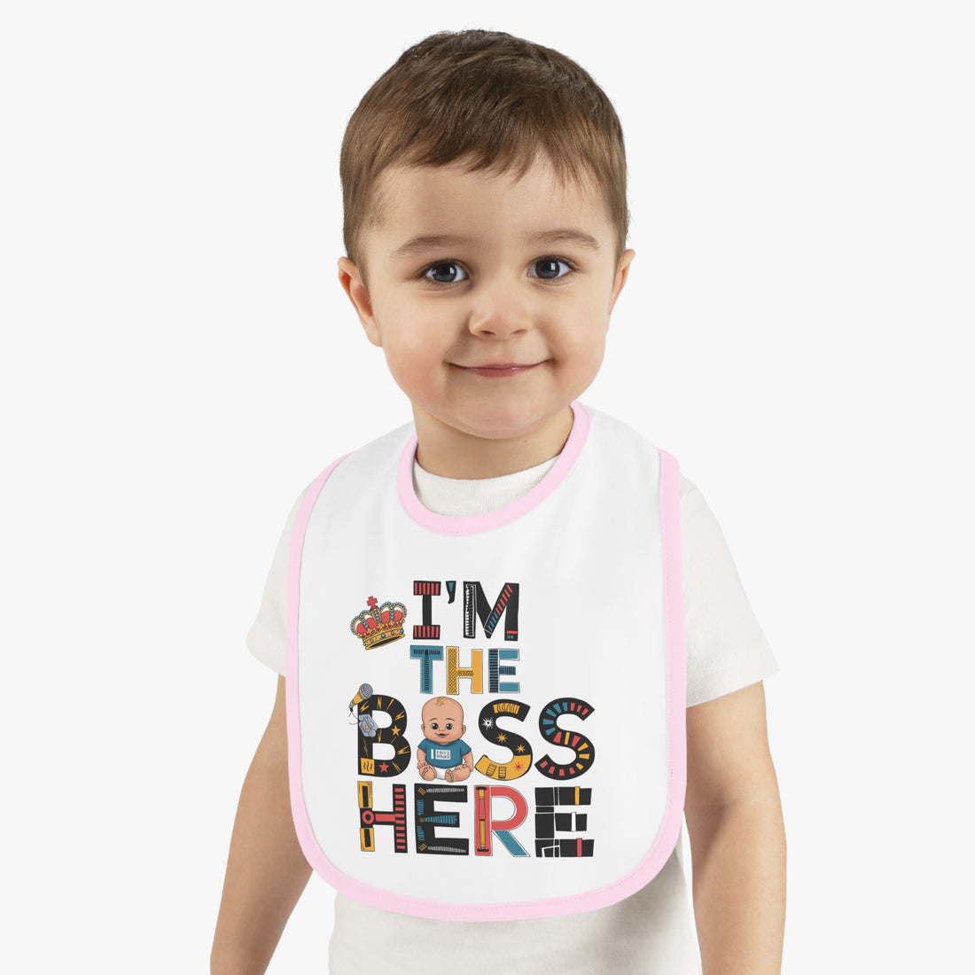 "I'm the boss here" Baby Contrast Trim Jersey Bib