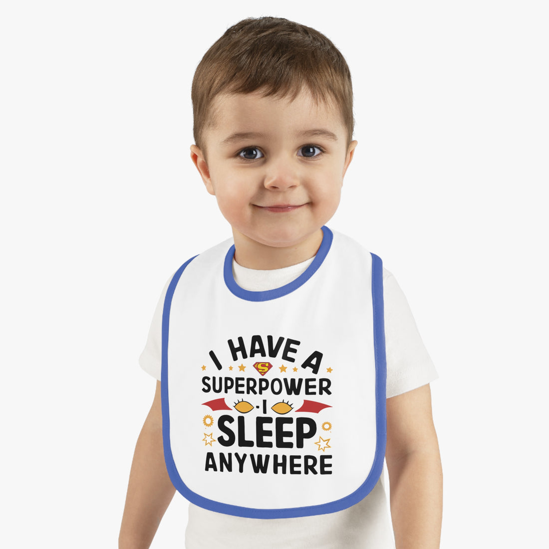 "I have a superpower I sleep anywhere" Baby Contrast Trim Jersey Bib