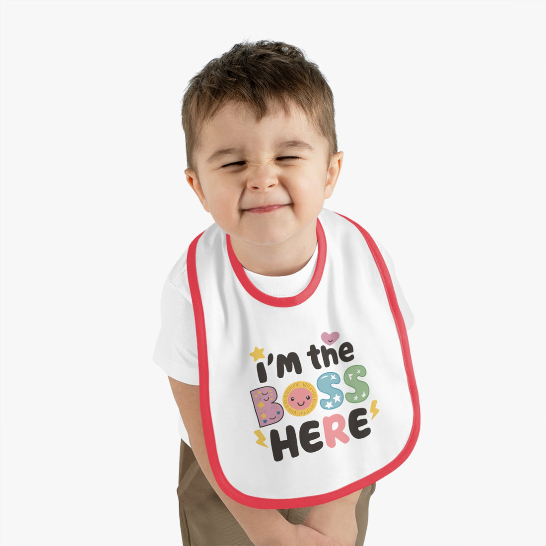 "I'm the boss here" Baby Contrast Trim Jersey Bib