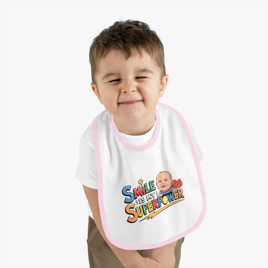 "Smile is my superpower" Baby Contrast Trim Jersey Bib