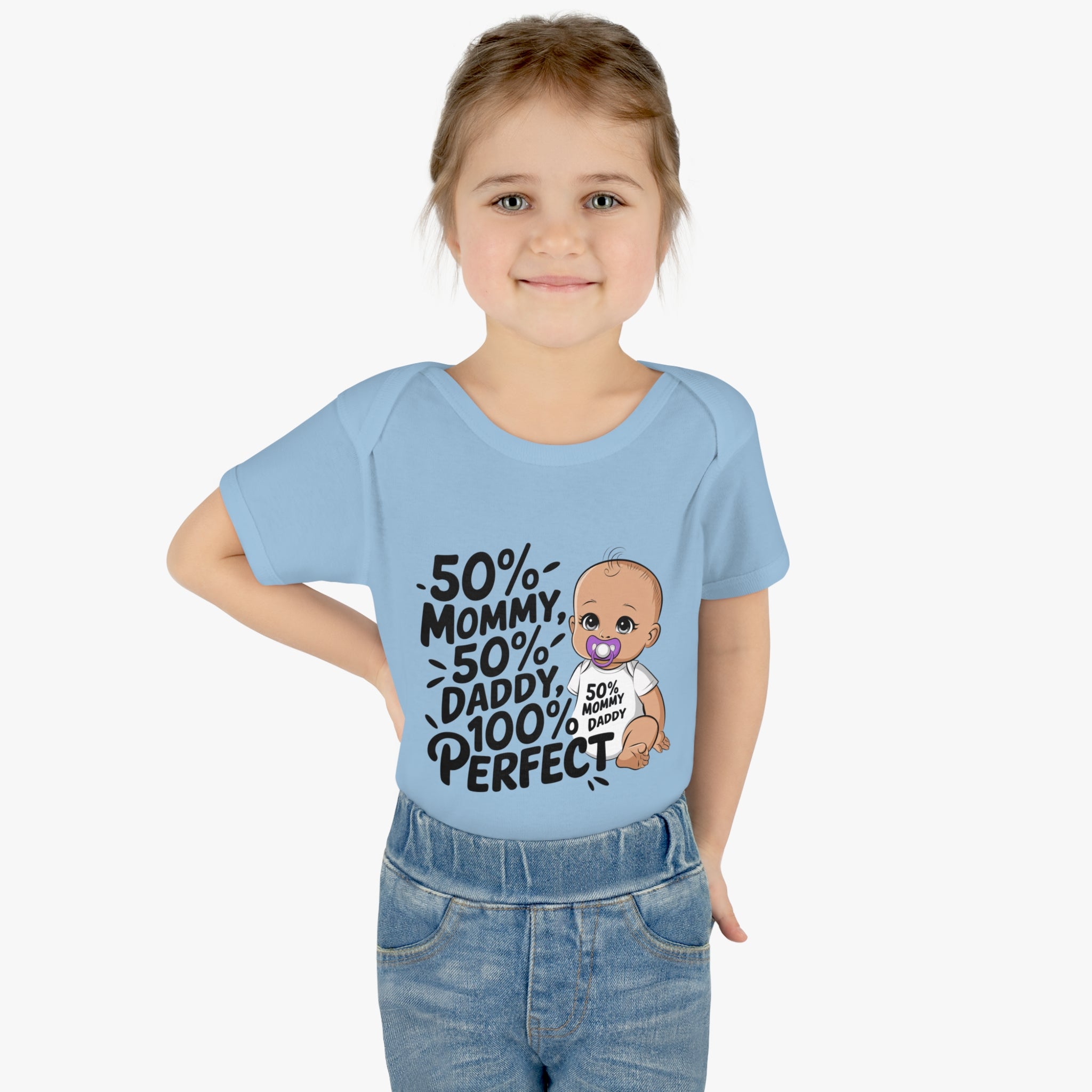 "50% mommy 50% daddy 100% perfect" Infant Baby Rib Bodysuit