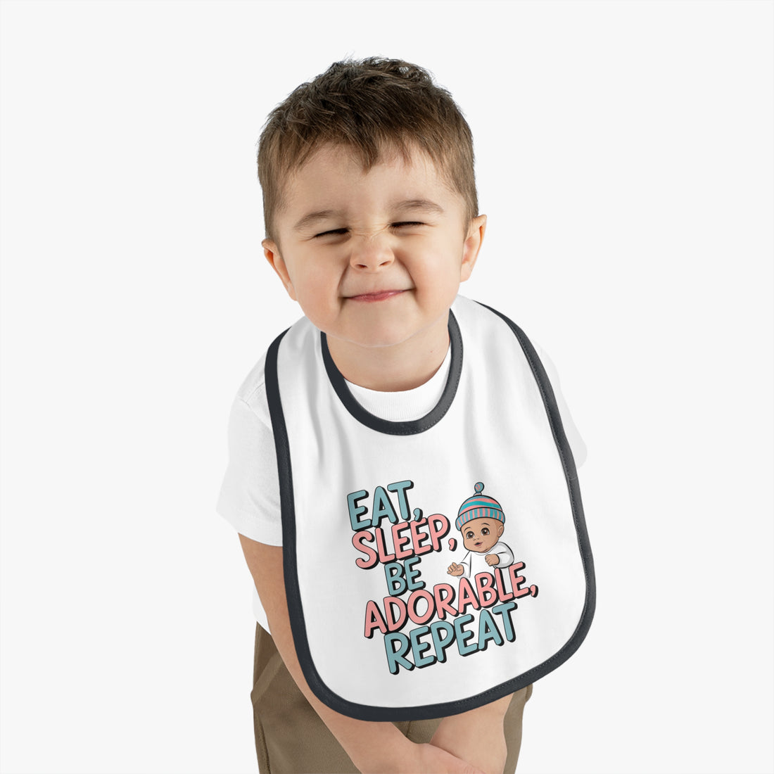 "Eat, sleep, be adorable, repeat" Baby Contrast Trim Jersey Bib