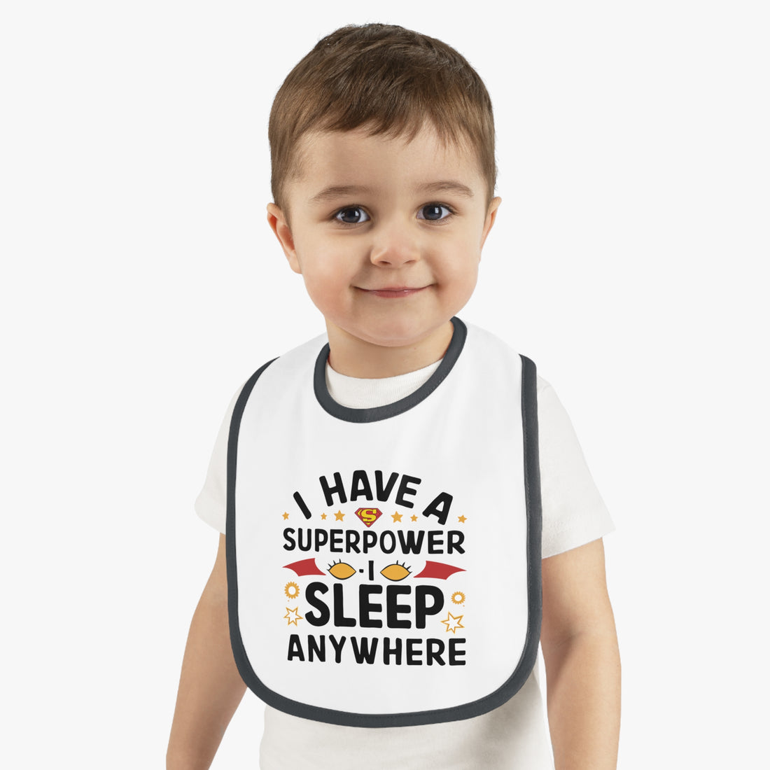 "I have a superpower I sleep anywhere" Baby Contrast Trim Jersey Bib