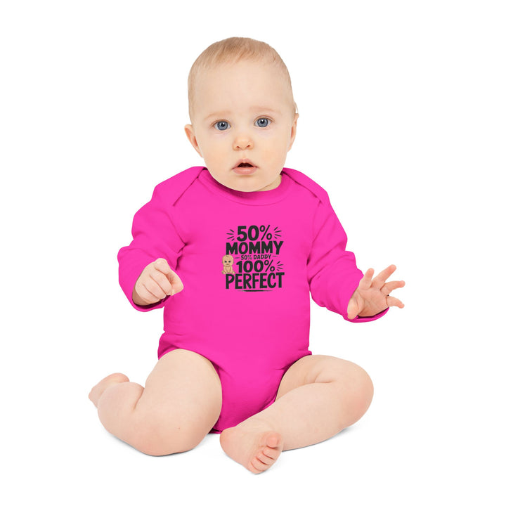 "50% mommy 50% daddy 100% perfect" Baby Long-Sleeve Organic Bodysuit