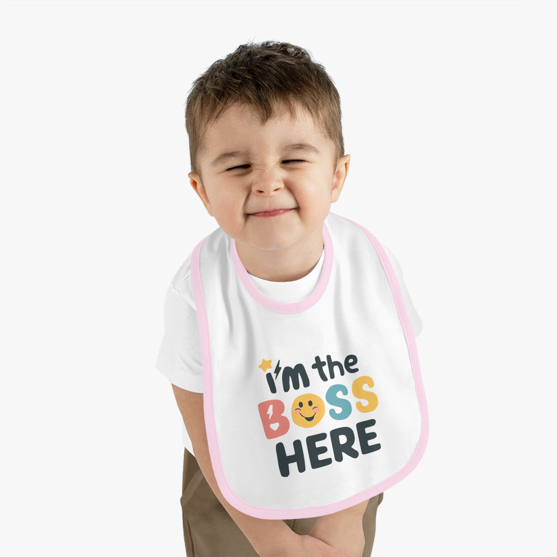 "I'm the boss here" Baby Contrast Trim Jersey Bib