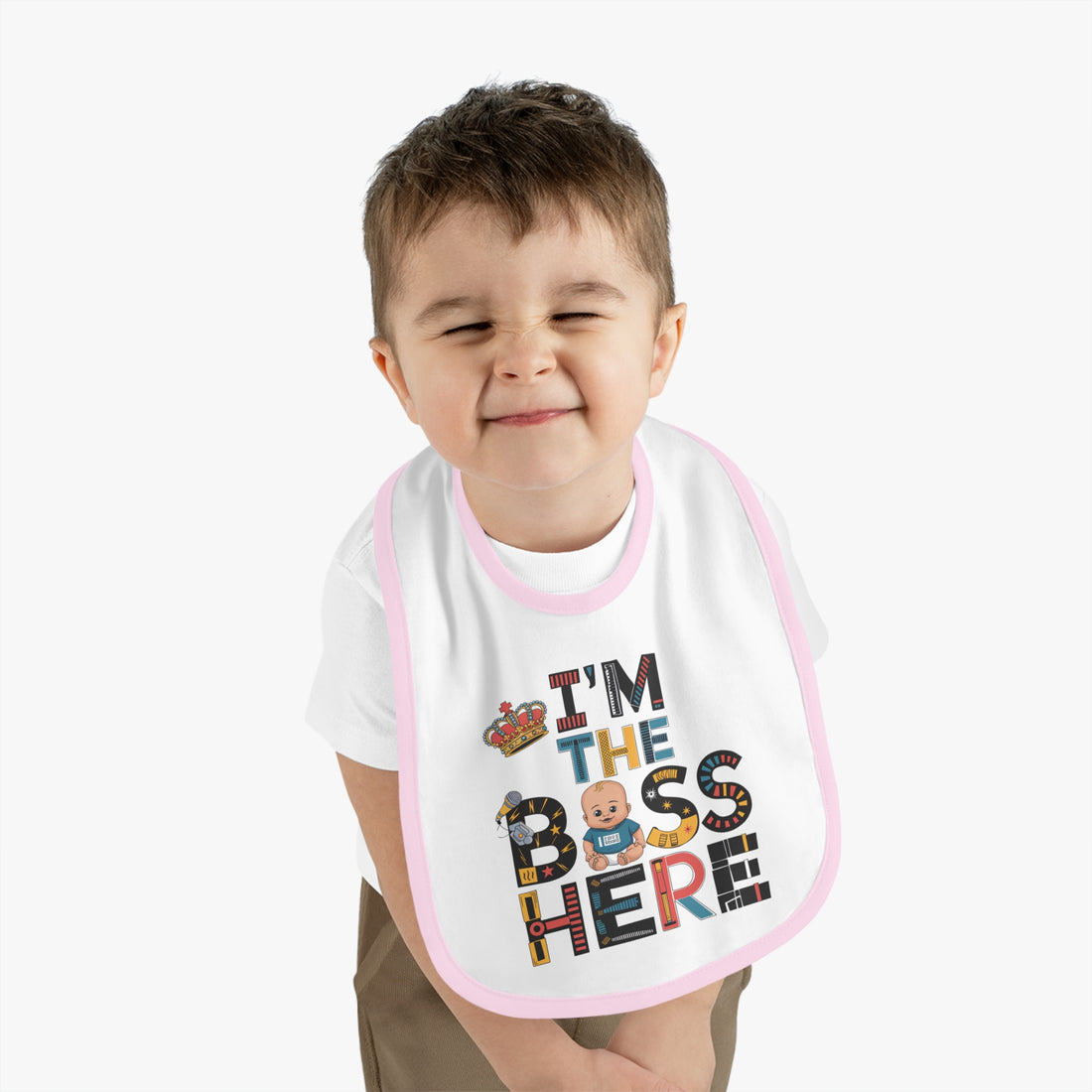 "I'm the boss here" Baby Contrast Trim Jersey Bib