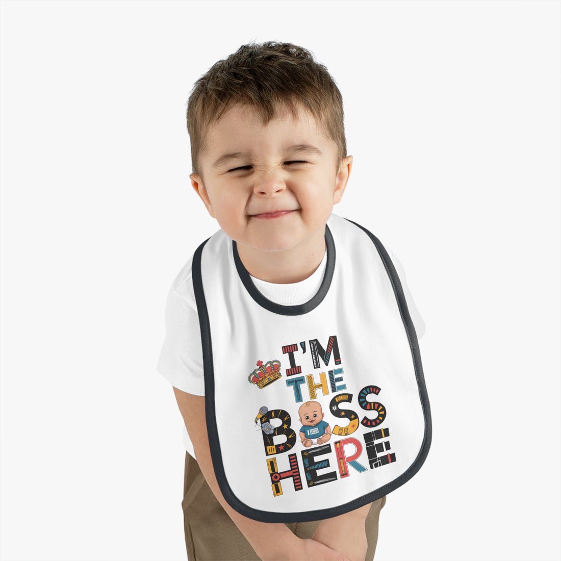 "I'm the boss here" Baby Contrast Trim Jersey Bib