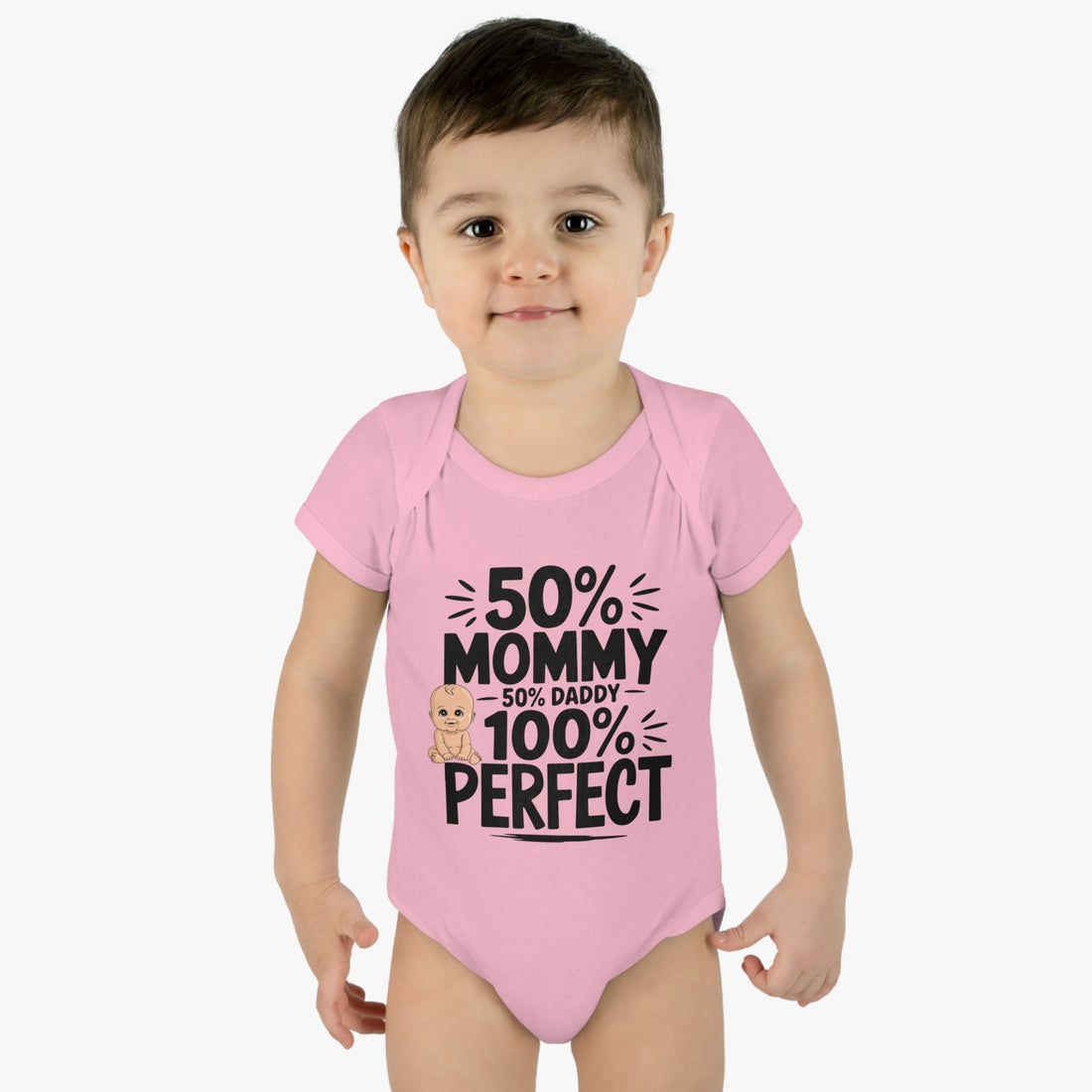 "50% mommy, 50% daddy, 100% perfect!" Infant Baby Rib Bodysuit