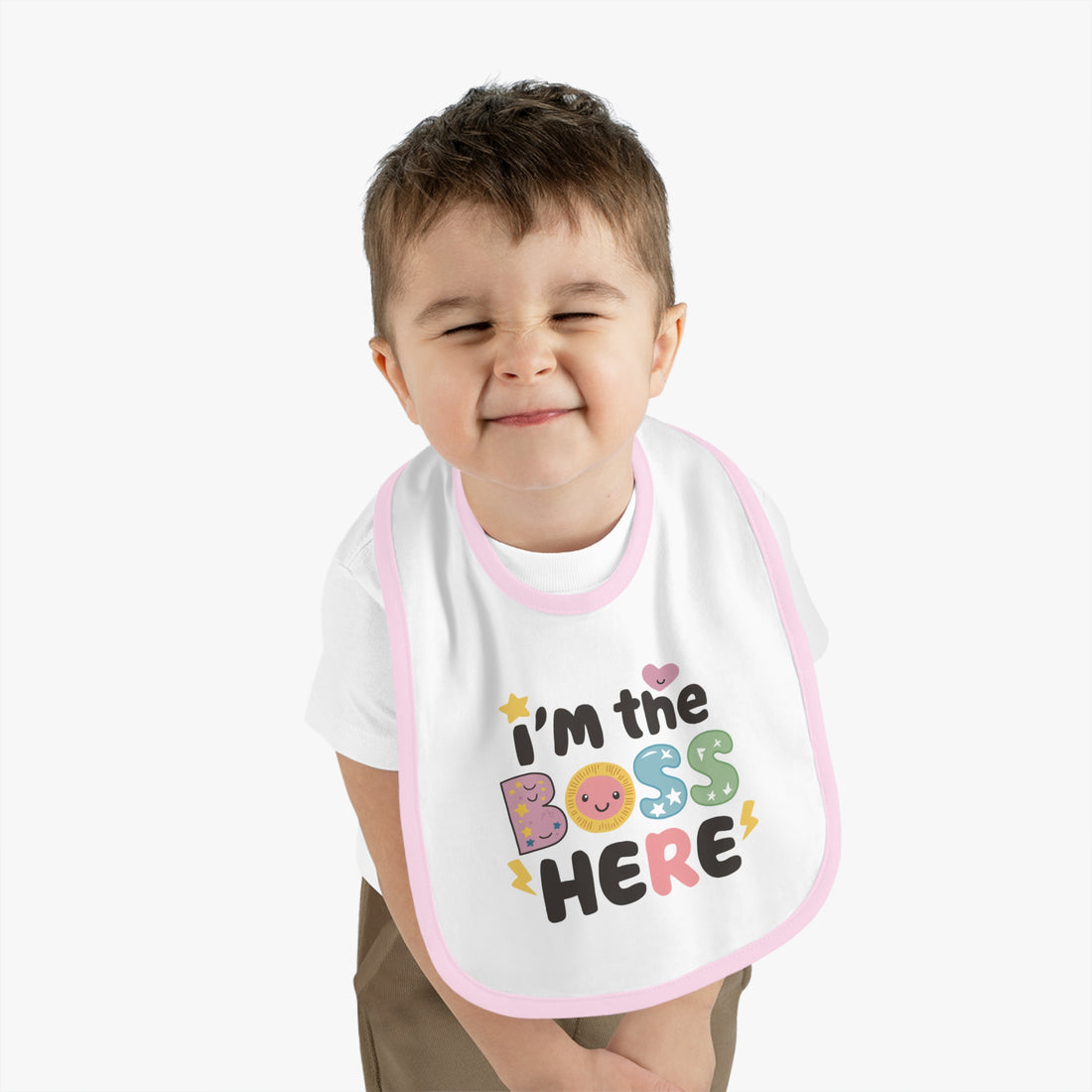 "I'm the boss here" Baby Contrast Trim Jersey Bib