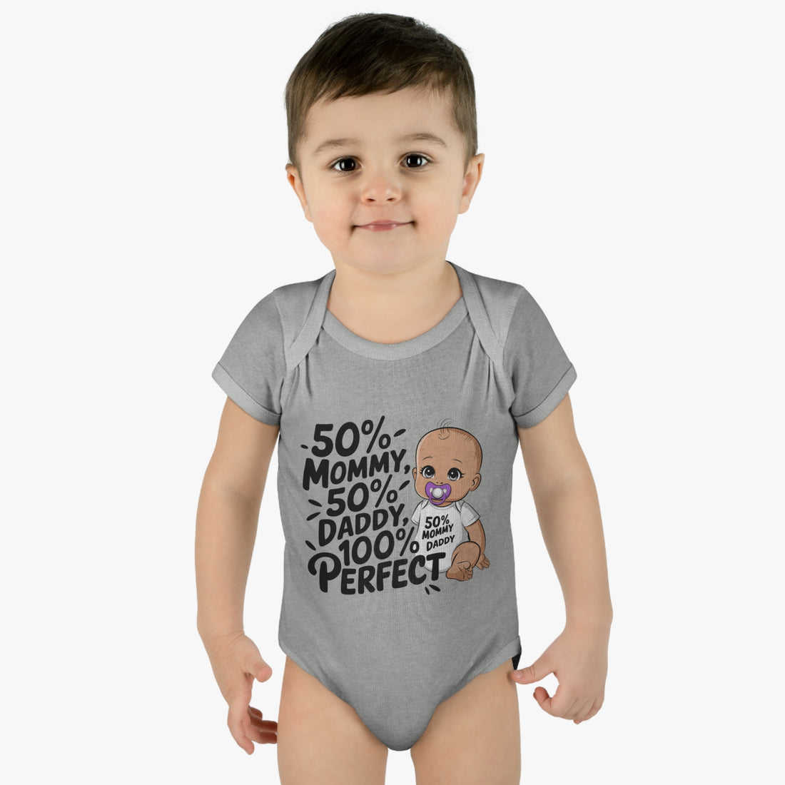 "50% mommy 50% daddy 100% perfect" Infant Baby Rib Bodysuit