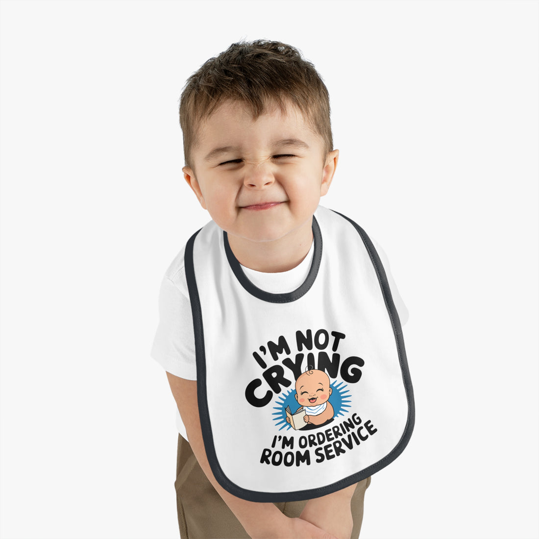 "I'm not crying I'm ordering room service" Baby Contrast Trim Jersey Bib