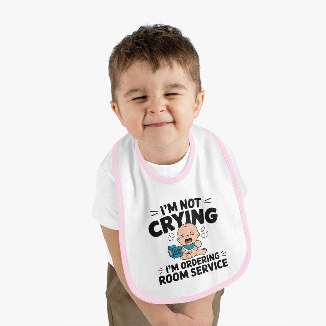 "I'm not crying I'm ordering room service" Baby Contrast Trim Jersey Bib