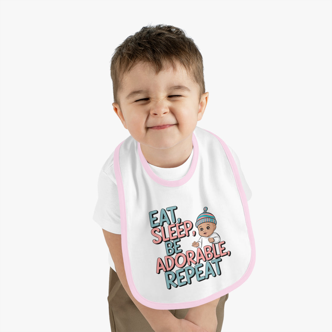 "Eat, sleep, be adorable, repeat" Baby Contrast Trim Jersey Bib