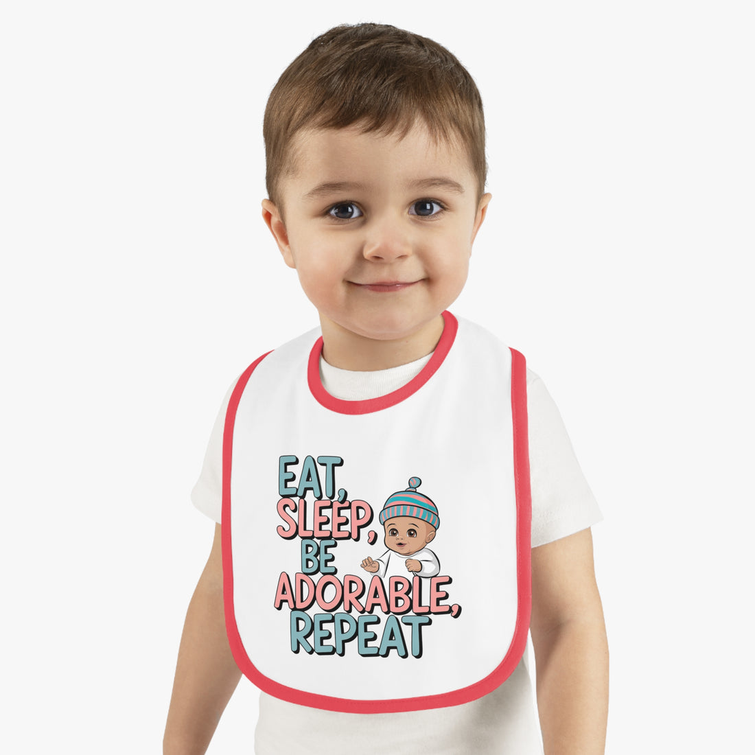 "Eat, sleep, be adorable, repeat" Baby Contrast Trim Jersey Bib