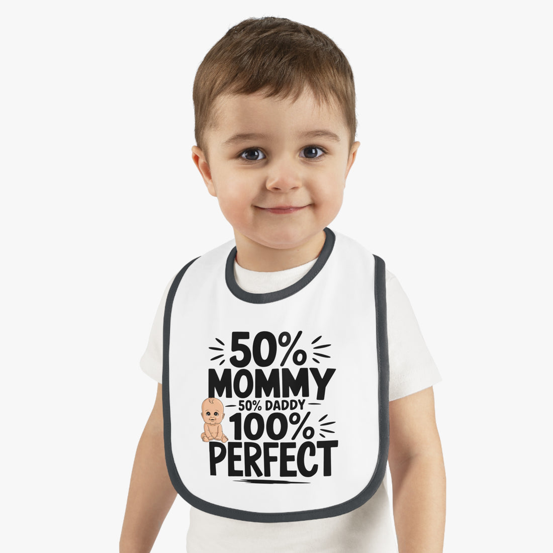 "50% mommy 50% daddy 100% perfect" Baby Contrast Trim Jersey Bib