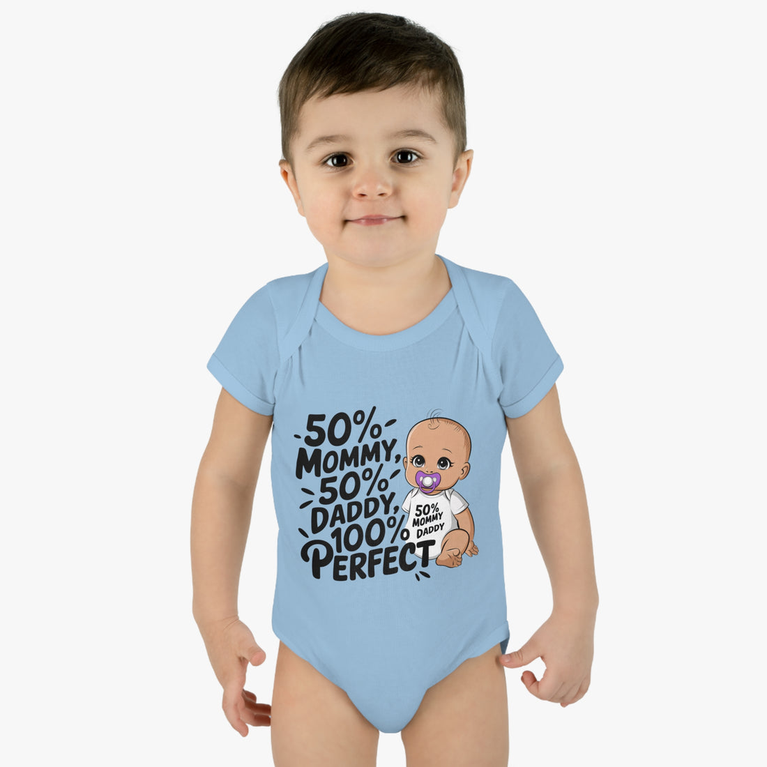 "50% mommy 50% daddy 100% perfect" Infant Baby Rib Bodysuit