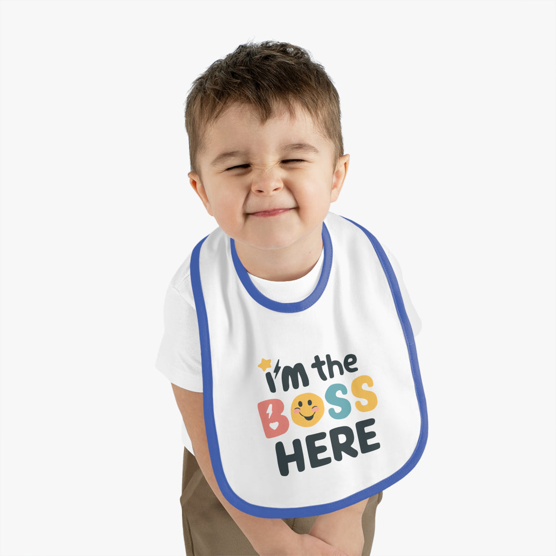 "I'm the boss here" Baby Contrast Trim Jersey Bib