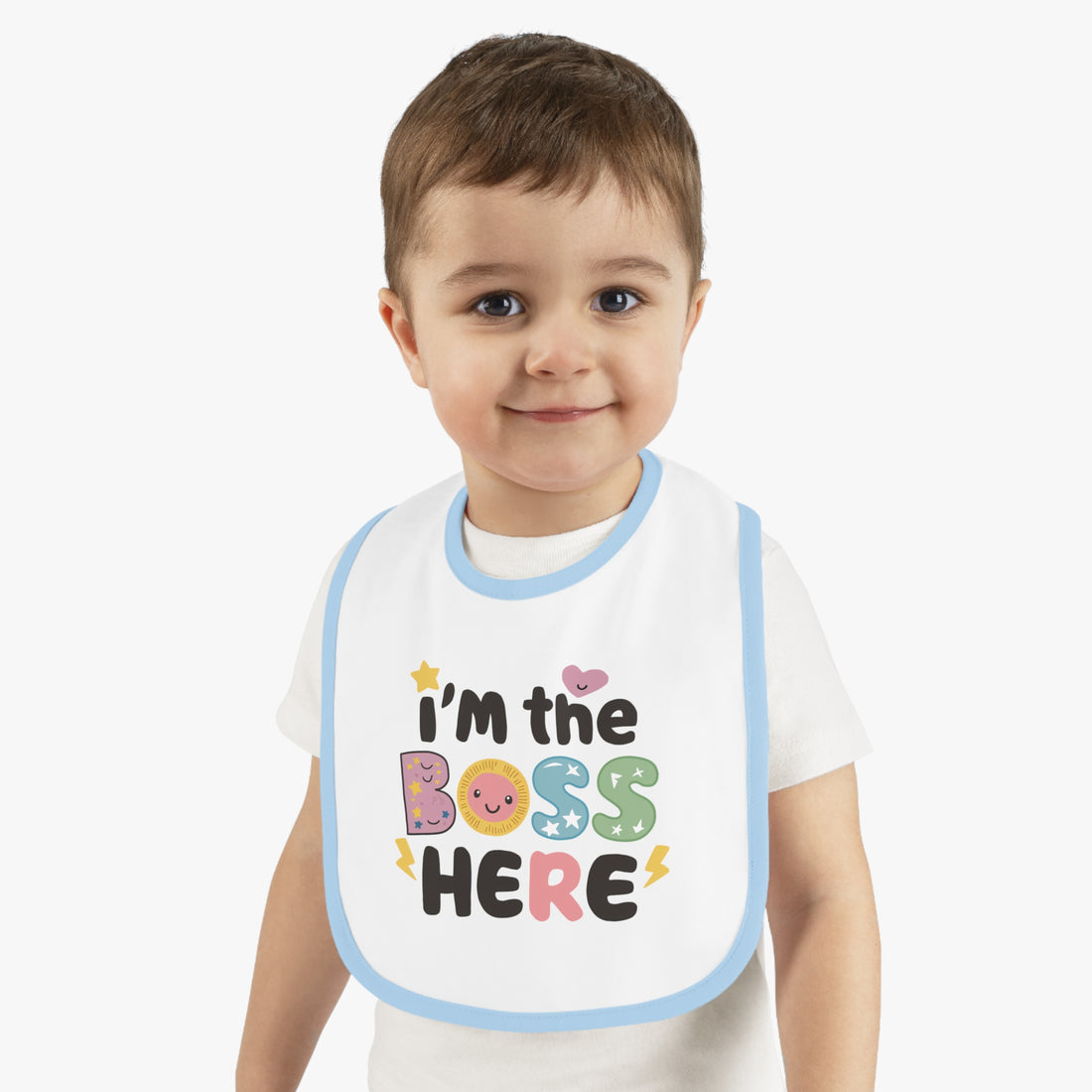 "I'm the boss here" Baby Contrast Trim Jersey Bib