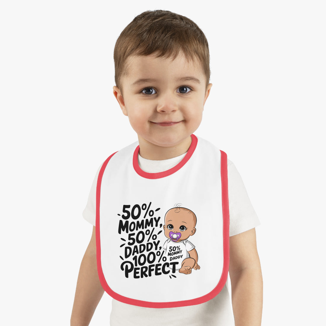 "50% mommy 50% daddy 100% perfect" Baby Contrast Trim Jersey Bib