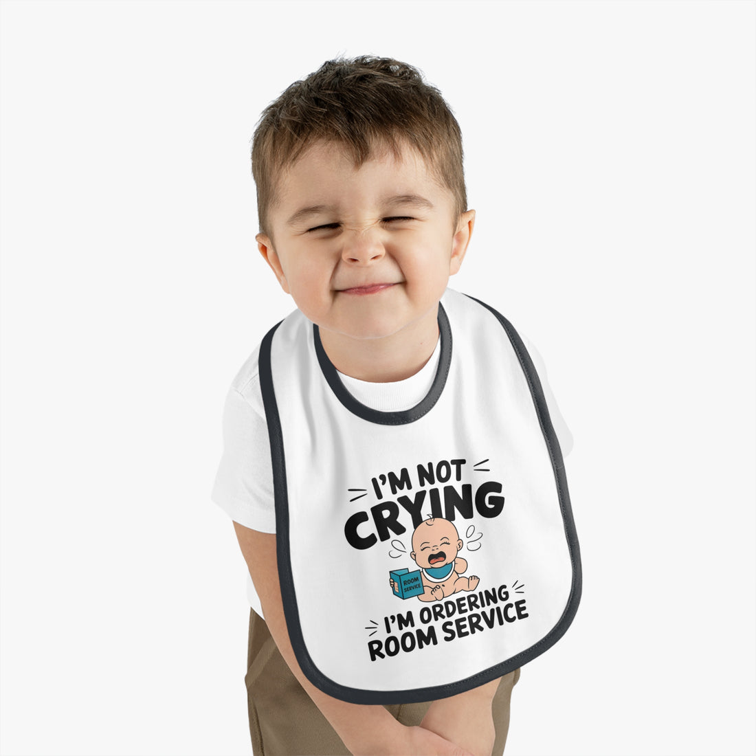 "I'm not crying I'm ordering room service" Baby Contrast Trim Jersey Bib