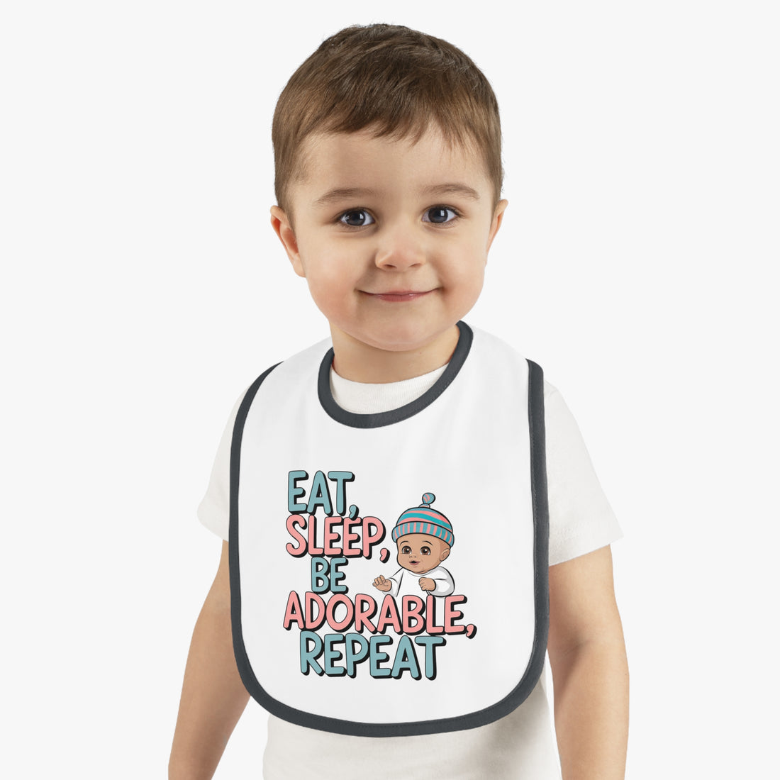 "Eat, sleep, be adorable, repeat" Baby Contrast Trim Jersey Bib