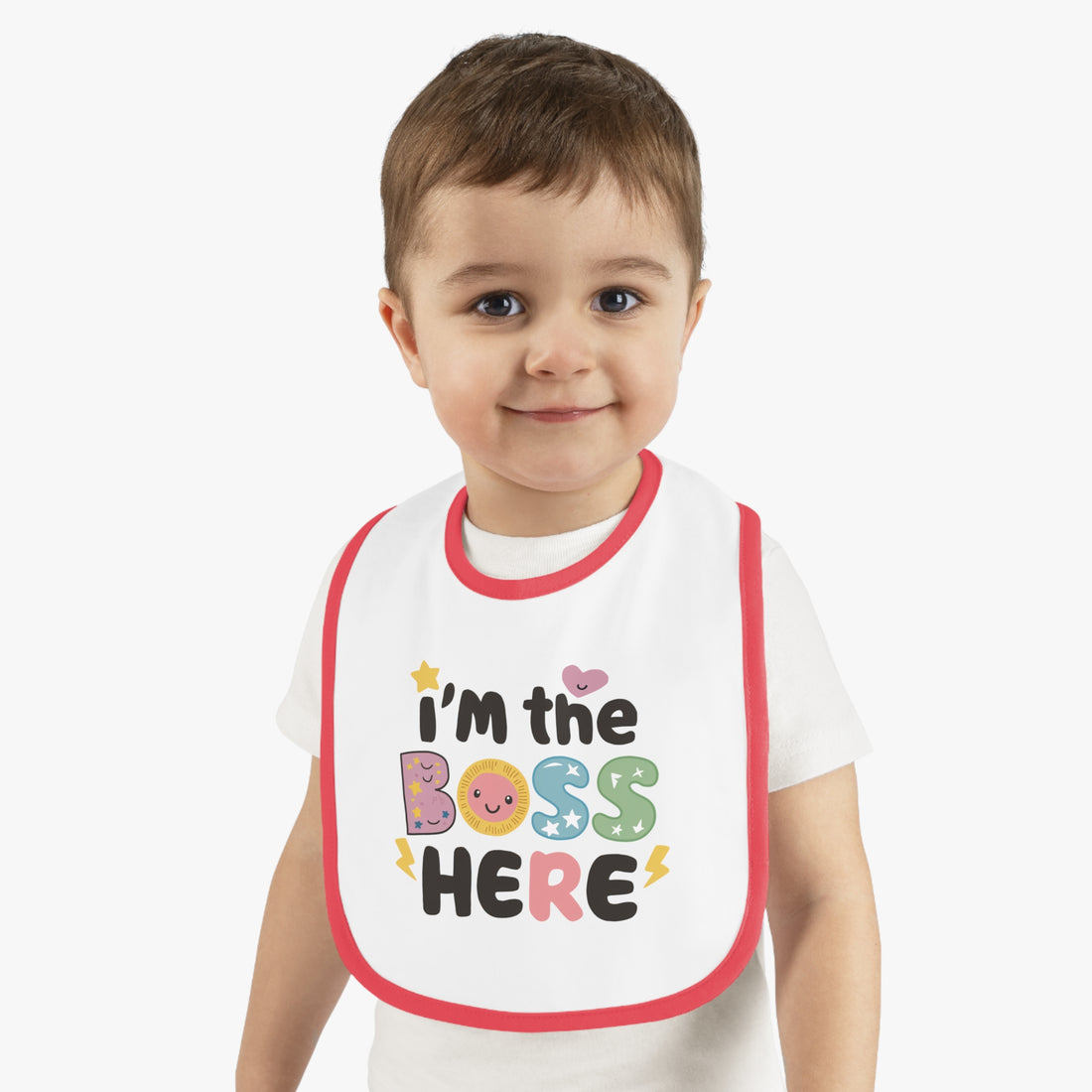 "I'm the boss here" Baby Contrast Trim Jersey Bib