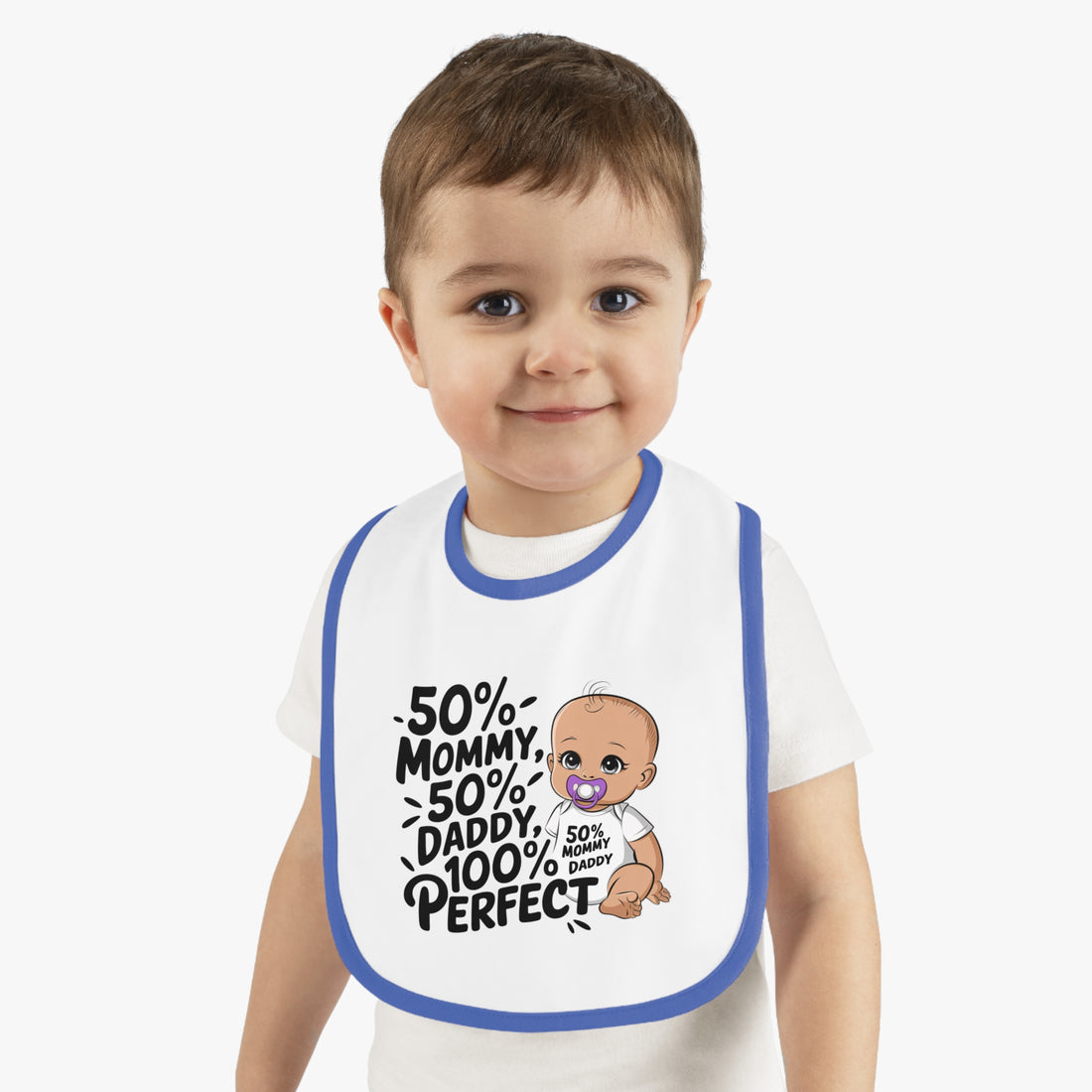 "50% mommy 50% daddy 100% perfect" Baby Contrast Trim Jersey Bib