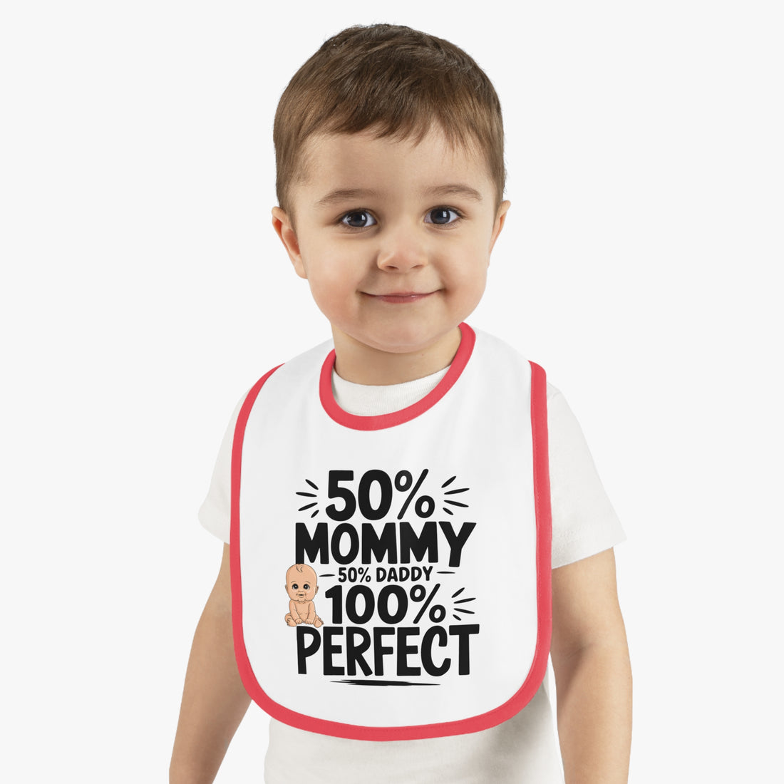 "50% mommy 50% daddy 100% perfect" Baby Contrast Trim Jersey Bib