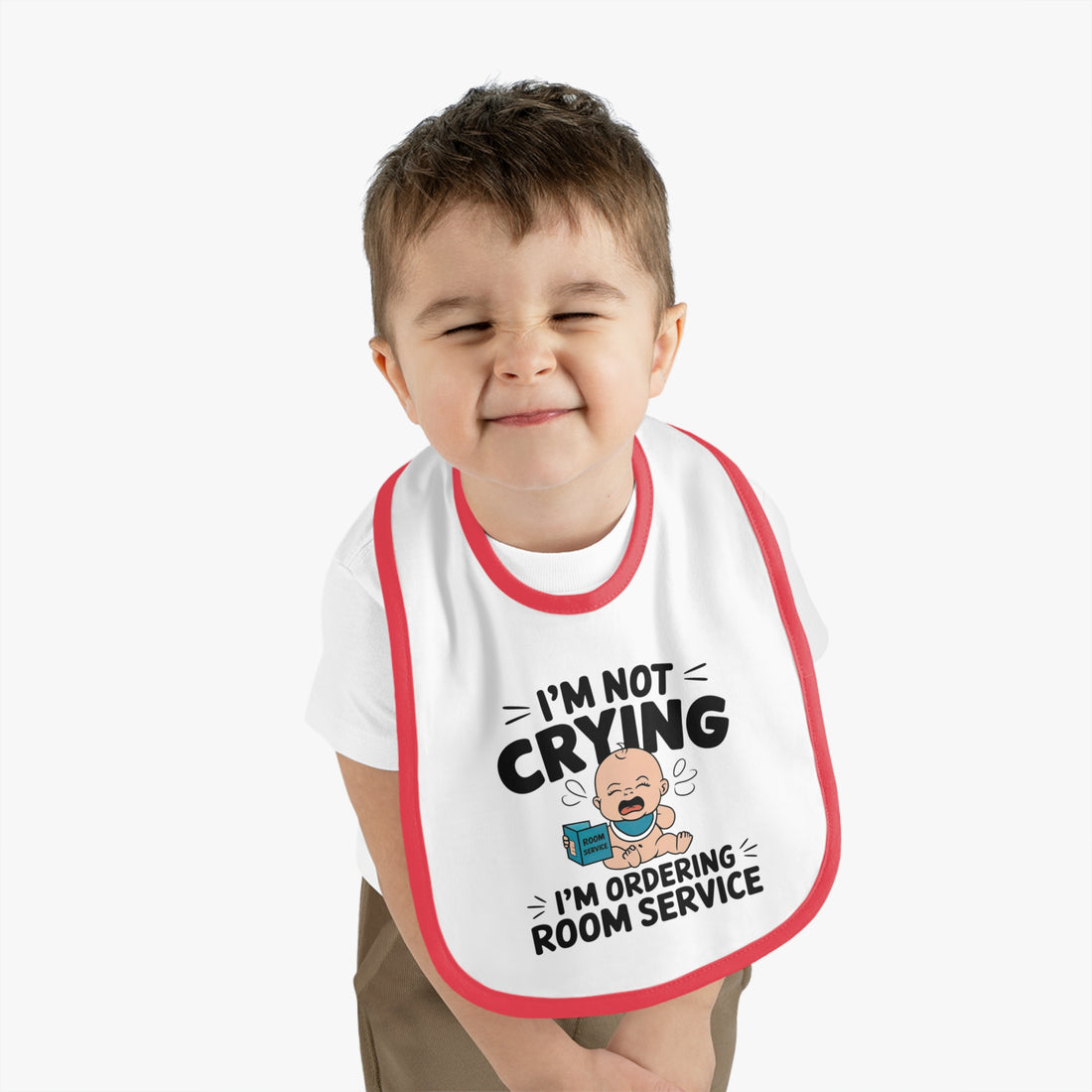 "I'm not crying I'm ordering room service" Baby Contrast Trim Jersey Bib