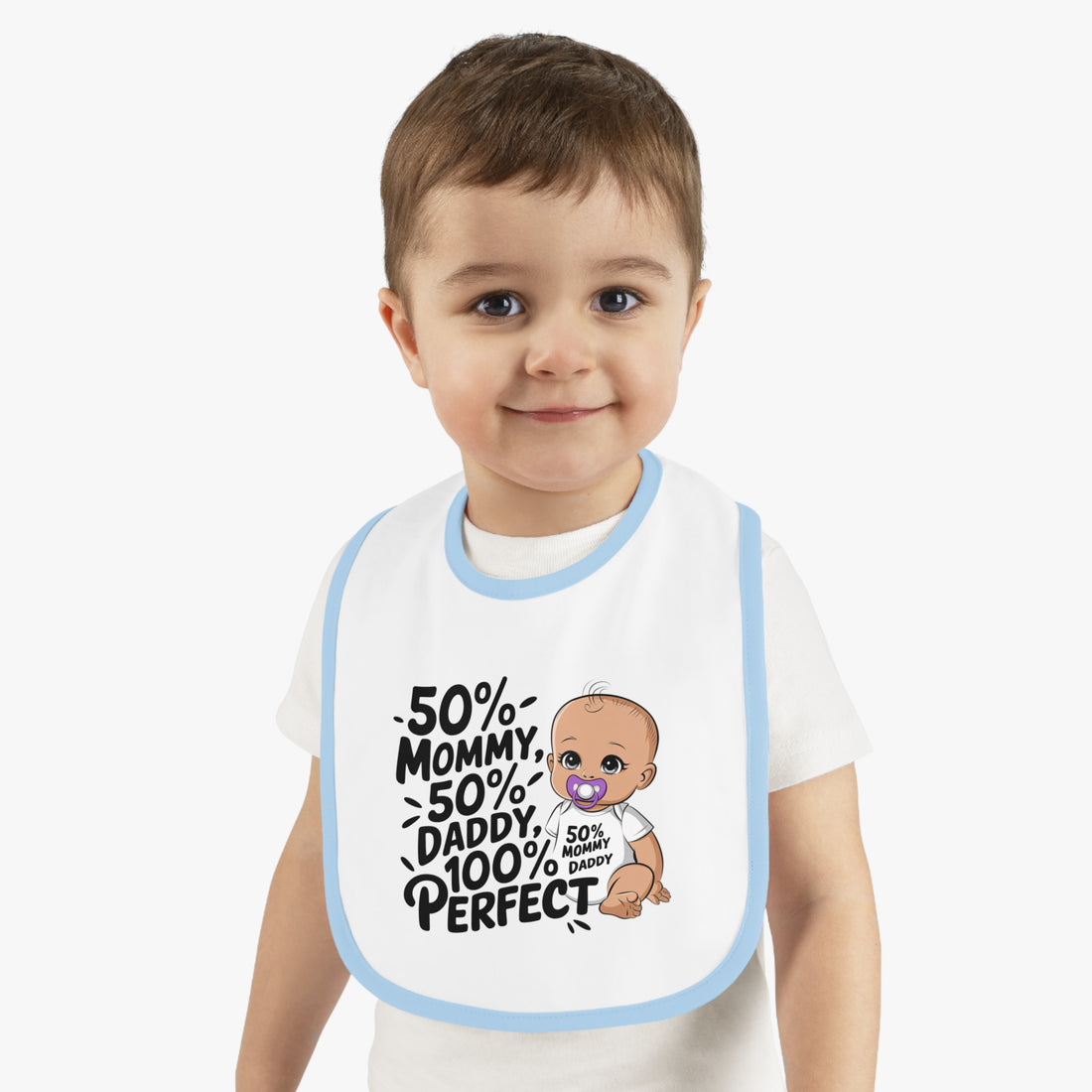 "50% mommy 50% daddy 100% perfect" Baby Contrast Trim Jersey Bib