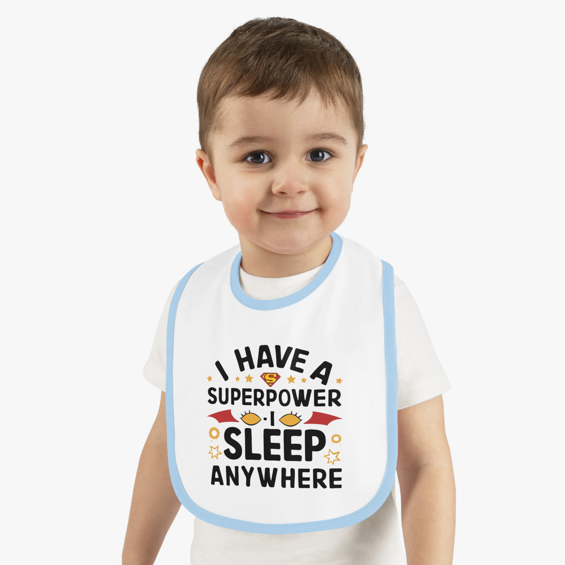 "I have a superpower I sleep anywhere" Baby Contrast Trim Jersey Bib